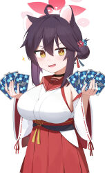 Rule 34 | 1girl, absurdres, ahoge, animal ears, bexercube, black choker, blue archive, breasts, card, choker, commentary, detached sleeves, fang, hair between eyes, hair bun, hakama, halo, highres, holding, holding card, japanese clothes, kaede (blue archive), kimono, large breasts, looking at viewer, miko, open mouth, oppai loli, red hakama, red halo, red sailor collar, sailor collar, simple background, single hair bun, solo, white background, white kimono, white sleeves, wide sleeves, yellow eyes