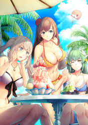 Rule 34 | + +, 3girls, @ @, alternate costume, arms behind back, bikini, blue bikini, blue eyes, blush, breasts, brown hair, character doll, cleavage, closed mouth, cloud, cloudy sky, collarbone, day, drooling, fate/grand order, fate (series), food, fruit, green hair, grey hair, hair over one eye, highres, horns, ice cream, jewelry, kite, kiyohime (fate), kiyohime (fate/grand order), kiyohime (swimsuit lancer) (fate), kiyohime (swimsuit lancer) (third ascension) (fate), large breasts, long hair, long legs, marie antoinette (fate), marie antoinette (fate/grand order), marie antoinette (swimsuit caster) (fate), mash kyrielight, mata hari (fate), medium breasts, multiple girls, necklace, one eye closed, open mouth, orange bikini, outdoors, palm tree, purple eyes, riyo (lyomsnpmp) (style), shaved ice, sitting, sky, smile, strawberry, summer, sundae, swimsuit, table, taneda risa, tree, twintails, umbrella, voice actor connection, whipped cream, white bikini, yellow eyes, yumemizuki