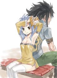 Rule 34 | 1boy, 1girl, armpits, arms up, back-to-back, bench, black hair, blue hair, breasts, brown eyes, cleavage, detached sleeves, dress, fairy tail, gajeel redfox, gradient background, levy mcgarden, looking at viewer, mashima hiro, md5 mismatch, piercing, resized, short dress, sitting, small breasts, smile, spiked hair, strapless, strapless dress, thighhighs, yellow dress
