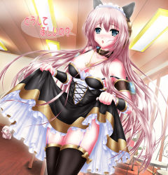 Rule 34 | 1girl, animal ears, blush, collar, dress, frilled dress, frills, garter straps, highres, jewelry, long hair, maid, megurine luka, necklace, nohoho (kakikonchi), skirt hold, solo, thighhighs, very long hair, vocaloid