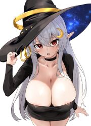 Rule 34 | 1girl, absurdres, areola slip, black choker, black hat, blush, breasts, choker, collarbone, commentary request, commission, crescent, crescent hair ornament, fon (96nokimihito), grey hair, hair ornament, hat, highres, large breasts, long hair, long sleeves, looking at viewer, open mouth, original, pointy ears, red eyes, simple background, skeb commission, solo, white background, witch, witch hat