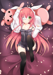 Rule 34 | 1girl, :o, animal hood, arms up, black thighhighs, blush, cherry blossoms, collar, corset, duji amo, eyepatch, green eyes, highres, hood, knee up, leg up, legs, long hair, long sleeves, looking at viewer, lying, on back, original, parted lips, pillow, pink hair, rabbit hood, short shorts, shorts, thighhighs, usagihime, zettai ryouiki