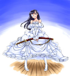 Rule 34 | 00s, 1girl, bad id, bad pixiv id, bare shoulders, black hair, bride, dress, elbow gloves, eyepatch, frills, fuyu no kiatsuhaichi, gloves, highres, long hair, pantyhose, sakamoto mio, smile, solo, strike witches, sword, weapon, wedding dress, world witches series