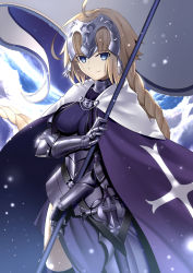 Rule 34 | 1girl, absurdres, armor, armored dress, bad id, bad pixiv id, blonde hair, blue eyes, braid, cape, chain, fate/grand order, fate (series), faulds, flag, gauntlets, headpiece, highres, jeanne d&#039;arc (fate), jeanne d&#039;arc (ruler) (fate), long braid, long hair, paperfinger, plackart, single braid, solo, standing, thighhighs, very long hair
