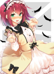 Rule 34 | 10s, 1girl, alternate costume, b-ginga, black feathers, black ribbon, blush, bow, buttons, dress, feathers, frilled skirt, frilled sleeves, frills, gothic lolita, green eyes, hairband, kurosawa ruby, lolita fashion, long sleeves, looking at viewer, love live!, love live! school idol festival, love live! sunshine!!, maid headdress, neck ribbon, open mouth, red hair, ribbon, short hair, skirt, solo, teeth, twintails, two side up