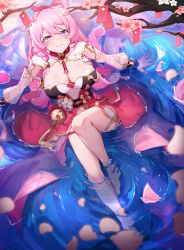 Rule 34 | 1girl, barefoot, bell, blush, branch, breasts, cherry blossoms, cleavage, detached sleeves, dress, elysia (herrscher of human:ego) (honkai impact), elysia (honkai impact), elysia (peachy spring) (honkai impact), falling petals, hair between eyes, highres, hongbao, honkai (series), honkai impact 3rd, large breasts, ling huanxiang, long hair, looking at viewer, petals, pink eyes, pink hair, pink pupils, puffy sleeves, red dress, shorts, sitting on water, solo, thighs, white shorts