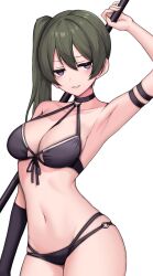 Rule 34 | 1girl, arm at side, arm strap, arm up, armlet, armpits, bare shoulders, bikini, black bikini, black choker, breasts, choker, cleavage, collarbone, commentary, cowboy shot, curvy, double-parted bangs, front-tie bikini top, front-tie top, gloves, green hair, groin, hair between eyes, halterneck, highres, holding, holding weapon, jitome, kushinaka, light blush, long hair, looking at viewer, mage staff, medium breasts, navel, o-ring, o-ring bikini, o-ring choker, parted lips, purple eyes, side ponytail, simple background, single glove, skindentation, smile, solo, sousou no frieren, string bikini, swimsuit, ubel (sousou no frieren), weapon, white background