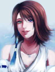Rule 34 | 00s, 1girl, bad id, bad pixiv id, blue eyes, blurry, brown hair, character name, detached sleeves, female focus, final fantasy, final fantasy x, gradient background, green eyes, hair ornament, heterochromia, highres, jewelry, looking at viewer, necklace, noriuma, short hair, signature, smile, solo, yuna, yuna (ff10)