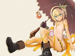 Rule 34 | 10s, 1girl, bare shoulders, blonde hair, blue eyes, choker, dress, edna (tales), flat chest, flower, gloves, hair ornament, hairband, highres, open mouth, shoes, short hair, side ponytail, simple background, tales of (series), tales of zestiria, umbrella