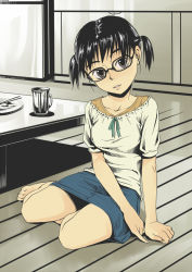 Rule 34 | barefoot, black hair, glasses, inu (aerodog), kneeling, original, pinky out, short hair, short twintails, sitting, skirt, solo, twintails
