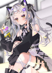 Rule 34 | 1girl, absurdres, animal ear fluff, animal ears, bad id, bad pixiv id, barbell piercing, black choker, black nails, black ribbon, blurry, blurry background, blush, can, cat ears, cat tail, chierishu, choker, closed mouth, commentary request, crescent, crescent hair ornament, dot mouth, drinking straw, ear piercing, hair ornament, hair ribbon, hairclip, heart, heart hair ornament, highres, hololive, industrial piercing, long hair, long sleeves, looking at viewer, murasaki shion, nail polish, piercing, ribbon, sitting, solo, strong zero, tail, thigh strap, virtual youtuber, white hair, yellow eyes