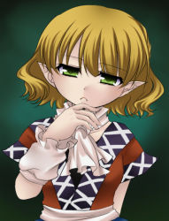 Rule 34 | 1girl, ascot, blonde hair, expressionless, female focus, green background, green eyes, jyako, long sleeves, looking at viewer, mizuhashi parsee, pointy ears, short hair, simple background, solo, thinking, touhou, upper body