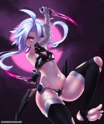 Rule 34 | 1girl, aqua hair, arm up, armpits, ass, bandaged arm, bandages, bare shoulders, barefoot, black gloves, black panties, black thighhighs, blood, blue hair, cameltoe, commentary, cosplay, crop top, dagger, dual wielding, english commentary, fate (series), feet, full moon, gloves, glowing, glowing eyes, glowing weapon, groin, highres, holding, holding dagger, holding knife, holding weapon, jack the ripper (fate/apocrypha), jack the ripper (fate/apocrypha) (cosplay), jumping, knee up, knife, leg up, looking at viewer, midriff, moon, navel, neptune (series), night, night sky, panties, power symbol, power symbol-shaped pupils, purple moon, red eyes, revealing clothes, sereneandsilent, short hair with long locks, shoulder tattoo, single glove, sky, sleeveless, soles, solo, stirrup legwear, stomach, symbol-shaped pupils, tattoo, thighhighs, thighs, toeless legwear, toes, torn clothes, torn thighhighs, underwear, weapon, white heart (neptunia)