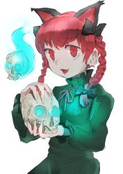 Rule 34 | 1girl, absurdres, animal ears, blue fire, bow, braid, cat ears, dress, fang, fire, green dress, hair bow, hakonnbo, highres, hitodama, holding, holding skull, kaenbyou rin, long sleeves, multiple tails, red eyes, red hair, skull, solo, tail, touhou, twin braids