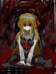 Rule 34 | 1girl, ascot, black skirt, black vest, blood, blood on hands, breasts, chinese commentary, closed mouth, collared shirt, commentary request, crying, crying with eyes open, dot mouth, hair ribbon, highres, long hair, long sleeves, medium breasts, red ascot, red eyes, red ribbon, ribbon, rumia, shirt, sitting, skirt, solo, tears, touhou, vest, white shirt, yellow eyes, youshouhaoxianzhe