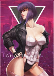 Rule 34 | 1girl, absurdres, belt, black gloves, black jacket, black nails, border, breasts, cleavage, collarbone, commentary, contrapposto, copyright name, covered navel, cowboy shot, english commentary, fingerless gloves, fingernails, ghost in the shell, gloves, hand on own hip, highleg, highleg leotard, highres, jacket, kusanagi motoko, large breasts, leather, leather jacket, leotard, lips, lipstick, long hair, long sleeves, looking away, looking to the side, makeup, making-of available, monori rogue, nail polish, nose, nostrils, open clothes, open jacket, paid reward available, parted lips, purple hair, short hair, solo, standing, strapless, strapless leotard, thick eyebrows, thighhighs, thighs, white belt, white border, white thighhighs