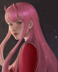 Rule 34 | 1girl, black background, blunt bangs, close-up, closed mouth, commentary, darling in the franxx, dress, english commentary, expressionless, eyelashes, floating hair, from side, green eyes, hair over shoulder, highres, horns, light blush, light particles, lips, lipstick, long hair, looking at viewer, looking to the side, makeup, nose, pink hair, pink horns, portrait, realistic, red dress, red lips, sidelocks, solo, uniform, yiian56, zero two (darling in the franxx)