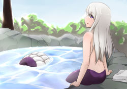 Rule 34 | 1girl, from behind, lamia, long hair, magica2, monster girl, nude, onsen, partially submerged, solo, towel, white hair