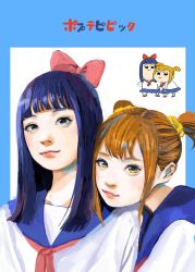 Rule 34 | 10s, 2girls, :3, bkub (style), blouse, blue background, blue border, blue hair, blue sailor collar, blunt bangs, border, bow, brown hair, closed mouth, commentary request, hair bow, hair ornament, hair scrunchie, highres, junjunforever, leaning to the side, light smile, long hair, looking at viewer, multiple girls, neckerchief, parody, pink lips, pipimi, poptepipic, popuko, realistic, red bow, red neckerchief, sailor collar, school uniform, scrunchie, serafuku, shirt, short hair, simple background, style parody, two-tone background, two side up, upper body, white background, white shirt, yellow eyes, yellow scrunchie