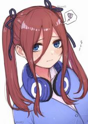 Rule 34 | 1girl, alternate hairstyle, artist name, black ribbon, blue eyes, blue jacket, blush, brown hair, closed mouth, collared shirt, commentary request, frown, go-toubun no hanayome, hair between eyes, hair over one eye, hair ribbon, half updo, headphones, headphones around neck, highres, irarei (araisanblog), jacket, long hair, looking at viewer, nakano miku, ribbon, school uniform, shirt, sidelocks, simple background, sketch, solo, spoken squiggle, squiggle, twintails, twintails day, twitter username, upper body, wavy mouth, white background, white shirt