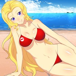 Rule 34 | 1girl, beach, bikini, blonde hair, blue eyes, breasts, challengia, cloud, collarbone, day, large breasts, long hair, looking at viewer, mole, navel, nchans, nchans style, ocean, official art, open mouth, orcaleon, outdoors, red bikini, solo, stachan, swimsuit