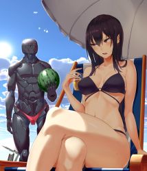 Rule 34 | 1girl, alcohol, arm at side, arm up, beach chair, beer, bikini, black bikini, black hair, blue sky, breasts, clothed robot, cloud, cloudy sky, commentary request, crossed legs, cup, day, food, fruit, hair between eyes, hiiragi yuuichi, holding, holding cup, holding food, holding fruit, long hair, medium breasts, on chair, outdoors, parasol, purple eyes, robot, shade, sitting, sky, solo focus, standing, sunlight, swimsuit, umbrella, watermelon