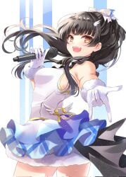 Rule 34 | 1girl, \m/, black hair, blunt bangs, blush, breasts, floating hair, fur-trimmed gloves, fur trim, gloves, highres, holding, holding microphone, idol, idolmaster, idolmaster shiny colors, layered skirt, looking at viewer, looking back, mayuzumi fuyuko, medium breasts, microphone, pamu (pamu53621378), shirt, skirt, sleeveless, sleeveless shirt, smile, solo, spread the wings!! (idolmaster), white gloves, white shirt