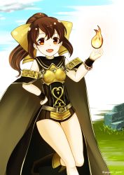 Rule 34 | 1girl, armor, artist name, bare legs, bare shoulders, blush, boots, bracelet, breastplate, brown eyes, brown hair, cape, commentary request, delthea (fire emblem), dress, fang, fire, fire emblem, fire emblem echoes: shadows of valentia, hair ribbon, highres, jewelry, long hair, nintendo, ponytail, ribbon, sleeveless, sleeveless dress, smile, solo, thighs, twitter username, yellow ribbon, yuyumi (yuurei)