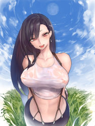 Rule 34 | 1girl, arms behind back, bare shoulders, black hair, black skirt, blue sky, blush, breasts, collarbone, covered erect nipples, day, earrings, final fantasy, final fantasy vii, gingami (giluziru), grass, highres, jewelry, large breasts, long hair, looking at viewer, midriff, navel, open mouth, pencil skirt, red hair, see-through, shirt, skirt, sky, smile, solo, suspender skirt, suspenders, tank top, taut clothes, taut shirt, tifa lockhart, wet, wet clothes, white tank top