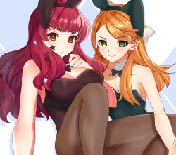 Rule 34 | 2girls, animal ears, breasts, cleavage, closed mouth, commentary request, edamameoka, etie (fire emblem), facial mark, fire emblem, fire emblem engage, green eyes, hair ornament, highres, large breasts, leotard, long hair, looking at viewer, multiple girls, nintendo, orange hair, pantyhose, playboy bunny, rabbit ears, red eyes, red hair, simple background, star (symbol), star hair ornament, yunaka (fire emblem)