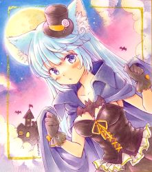 Rule 34 | 1girl, absurdres, animal ears, artist name, bat (animal), bat ornament, black dress, black gloves, black hat, blue cape, blue hair, breasts, cape, cat ears, cat girl, cloud, cloudy sky, commentary, dress, fog, full moon, gloves, halloween, hat, highres, long hair, looking at viewer, marker (medium), medium breasts, minami kawa, mini hat, mini top hat, moon, night, original, outdoors, parted lips, scan, signature, sky, solo, standing, strapless, strapless dress, tilted headwear, top hat, traditional media