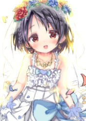 Rule 34 | 1girl, :d, bare shoulders, black hair, blue bow, blue flower, blush, bow, bridal veil, brown eyes, collarbone, commentary request, crying, crying with eyes open, dress, earrings, flower, gloves, hair flower, hair ornament, head tilt, heart, heart-shaped pupils, idolmaster, idolmaster cinderella girls, jewelry, looking at viewer, neko pan, open mouth, purple flower, red flower, sasaki chie, see-through, sketch, sleeveless, sleeveless dress, smile, solo, symbol-shaped pupils, tears, veil, wedding dress, white dress, white gloves, yellow flower