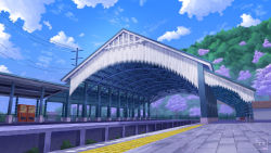Rule 34 | artist name, blue sky, building, cherry blossoms, cloud, commentary request, day, eru (erutwd), forest, highres, nature, no humans, original, petals, plant, scenery, sky, train station, tree, vending machine
