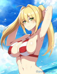 Rule 34 | 1girl, ahoge, armpits, arms behind head, arms up, bare shoulders, beach, bikini, blonde hair, blue sky, blush, breasts, cleavage, closed mouth, criss-cross halter, day, fate/grand order, fate (series), green eyes, hair between eyes, hair intakes, halterneck, highres, large breasts, long hair, look (yomiya1234), looking at viewer, nero claudius (fate), nero claudius (fate) (all), nero claudius (swimsuit caster) (fate), puuzaki puuna, red bikini, sky, smile, solo, striped bikini, striped clothes, swimsuit, twintails