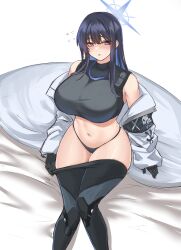 Rule 34 | 1girl, absurdres, alternate breast size, armband, bare shoulders, bed sheet, black gloves, black hair, black panties, black pants, black shirt, blue archive, blue eyes, blush, breasts, clothes pull, coat, commentary request, crop top, flying sweatdrops, gloves, halo, highres, huge breasts, korean commentary, long hair, looking at viewer, navel, no mask, panties, pants, pants pull, parted lips, saori (blue archive), shadow, shirt, sidelocks, simple (ejhe3475), simple background, sitting, sleeveless, sleeveless shirt, solo, stomach, underwear, white background, white coat