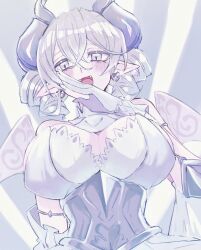 Rule 34 | 1girl, artist request, blush, breasts, cleavage, detached collar, dress, drill hair, earrings, fangs, gloves, grey eyes, grey hair, highres, horns, jewelry, large breasts, lovely labrynth of the silver castle, low wings, multiple wings, ojou-sama pose, pointy ears, slit pupils, tagme, twintails, white dress, white gloves, wings, yu-gi-oh!