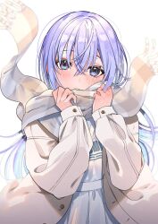 Rule 34 | 1girl, blue eyes, blue hair, blush, comiket 103, crossed bangs, hair between eyes, idolmaster, idolmaster shiny colors, jacket, long hair, long sleeves, looking at viewer, parted lips, plaid, plaid scarf, puni (punycolors), scarf, solo, suzuki hana, upper body, white background, white jacket, white scarf