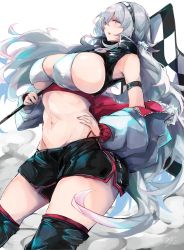 Rule 34 | 1girl, absurdres, alternate costume, azur lane, bikini, bikini top only, breasts, covered erect nipples, flag, graf zeppelin (azur lane), hair between eyes, highres, large breasts, long hair, looking at viewer, red eyes, short shorts, shorts, silver hair, solo, swimsuit, tomochi (tmc tmc8), very long hair