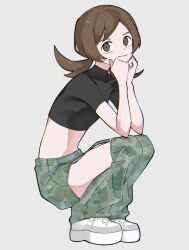Rule 34 | 1girl, alternate costume, black shirt, brown eyes, brown hair, closed mouth, clothing cutout, commentary request, creatures (company), crop top, cropped shirt, from side, full body, game freak, green pants, grey background, hands up, highres, kana (kanna runa0620), long hair, looking at viewer, lyra (pokemon), midriff, nintendo, pants, platform footwear, pokemon, pokemon hgss, shirt, shoes, short sleeves, solo, squatting, thigh cutout, twintails
