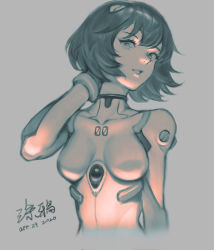 Rule 34 | 1girl, alternate hairstyle, ayanami rei, bob cut, bodysuit, breasts, buzzzing, eyelashes, greyscale, hand up, head tilt, highres, interface headset, looking at viewer, looking down, medium breasts, monochrome, neon genesis evangelion, plugsuit, short hair, simple background, smile, solo, upper body