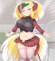 Rule 34 | 1girl, belt, bird tail, bird wings, black belt, black hair, blonde hair, bow, breasts, closed eyes, crop top, greater bird-of-paradise (kemono friends), green hair, grey hair, head wings, heart, kemono friends, kemono friends 3, large breasts, lets0020, long hair, midriff, multicolored hair, navel, pink thighhighs, red skirt, red tail, red undershirt, red wings, shirt, simple background, skirt, smile, solo, tail, thick thighs, thighhighs, thighs, white hair, wings, yellow eyes, yellow tail
