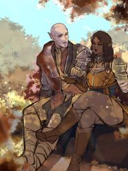 Rule 34 | 1boy, 1girl, armor, bald, brown hair, cleft chin, crossed legs, dark-skinned female, dark skin, day, dragon age, dragon age: inquisition, earrings, elf, eye contact, feet out of frame, fur-trimmed armor, fur trim, hejee, highres, holding, holding smoking pipe, inquisitor (dragon age), jewelry, looking at another, mature male, medium hair, outdoors, pointy ears, sitting, smile, smoke, smoking, smoking pipe, solas
