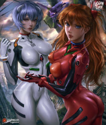 Rule 34 | 2girls, alternate breast size, artist name, ass, ayanami rei, blue eyes, blue hair, bodysuit, breasts, breasts apart, deviantart username, eva 01, from behind, highres, humanoid robot, interface headset, large breasts, lips, logan cure, looking at viewer, looking back, multiple girls, neon genesis evangelion, orange hair, outdoors, parted lips, patreon username, pilot suit, plugsuit, realistic, red bodysuit, red eyes, robot, shiny clothes, short hair, skin tight, souryuu asuka langley, standing, turtleneck, watermark, web address, white bodysuit