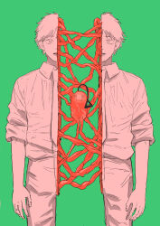 Rule 34 | 1boy, absurdres, arupatinotino, chainsaw man, collared shirt, denji (chainsaw man), green background, grey hair, heart, highres, intestines, limited palette, necktie, open mouth, pink background, pochita (chainsaw man), sharp teeth, shirt, short hair, simple background, sleeves rolled up, solo, teeth, white shirt