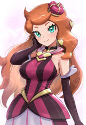 Rule 34 | 1girl, bare shoulders, black gloves, blush, breasts, creatures (company), elbow gloves, female focus, game freak, glint, gloves, gonzarez, green eyes, highres, large breasts, long hair, looking at viewer, nintendo, official alternate costume, orange hair, pokemon, pokemon masters ex, simple background, smile, solo, sonia (pokemon), sonia (special costume) (pokemon), sparkle, upper body, white background