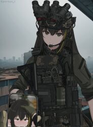 Rule 34 | ammunition pouch, assault rifle, black hair, blush, brown eyes, cellphone, closed mouth, combat helmet, corrupted twitter file, dgkamikaze, girls&#039; frontline, gun, hair between eyes, helmet, highres, holding, holding gun, holding weapon, implied fellatio, long hair, looking at viewer, m4 carbine, m4a1 (girls&#039; frontline), multicolored hair, optical sight, phone, pouch, rifle, smartphone, standing, streaked hair, tactical clothes, upper body, weapon