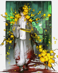 Rule 34 | 1boy, black hair, blood, blood on clothes, branch, city, closed mouth, coat, e.g.o (project moon), flaw eight, flower, flower over eye, grey coat, hair flower, hair ornament, hand fan, holding, holding branch, holding fan, limbus company, looking at viewer, pants, project moon, solo, walking, white coat, white pants, yellow eyes, yellow flower, yi sang (project moon)