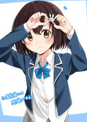 Rule 34 | 1girl, absurdres, adjusting hair ornament, blue bow, blue bowtie, blue jacket, bow, bowtie, brown eyes, brown hair, closed mouth, collared shirt, grey skirt, hair ornament, highres, jacket, kono bijutsubu niwa mondai ga aru!, long sleeves, looking at viewer, mousou (mousou temporary), pleated skirt, rabbit hair ornament, school uniform, shirt, short hair, skirt, smile, solo, standing, translation request, usami mizuki, white shirt, wing collar