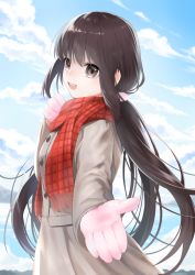 Rule 34 | 1girl, :d, black eyes, brown coat, brown hair, buttons, coat, day, gloves, hair ornament, hair scrunchie, hand up, long hair, long sleeves, low twintails, open mouth, original, outdoors, plaid, plaid scarf, red scarf, scarf, scrunchie, smile, solo, teeth, twintails, upper teeth only, waka (shark waka), white gloves