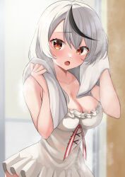 Rule 34 | 9696k, absurdres, black hair, blush, breasts, camisole, cleavage, commentary request, fang, frilled camisole, frills, grey hair, highres, hololive, large breasts, looking at viewer, medium hair, multicolored hair, open mouth, red eyes, sakamata chloe, sakamata chloe (1st costume), solo, streaked hair, towel, towel around neck, virtual youtuber, white camisole
